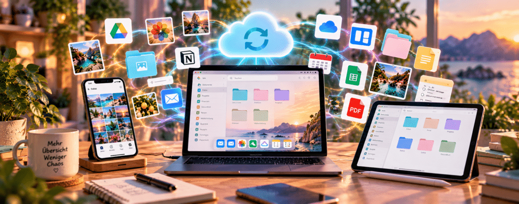 Digitale Ordnung bei ADHS: Laptop, Smartphone und Tablet mit organisierten Dateien und Cloud-Synchronisation