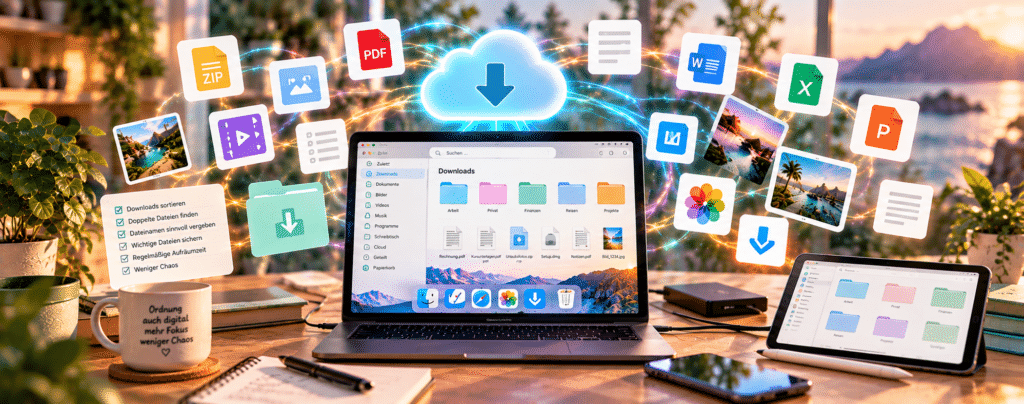 Digitale Dokumente und Downloads bei ADHS sortieren: Laptop, Smartphone und Tablet organisierten und Backup