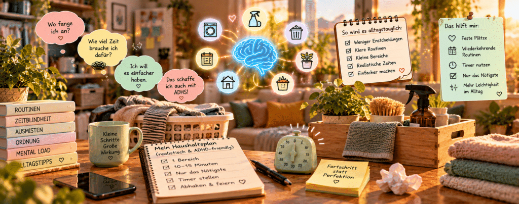 Mental Load bei ADHS mit vielen Gedanken und Aufgaben rund um Haushalt und Alltag