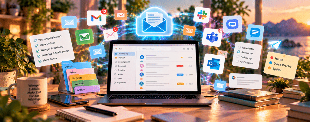 E-Mails organisieren bei ADHS: Laptop mit übersichtlichem Posteingang und sortierten Nachrichten