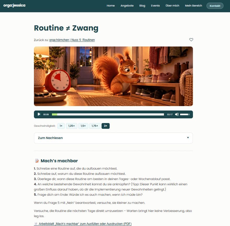 Ausschnitt der Lektion „Routine ≠ Zwang“ aus Nuss 5 mit Hörnchen-Bild, Audio-Player und Text zum Nachlesen